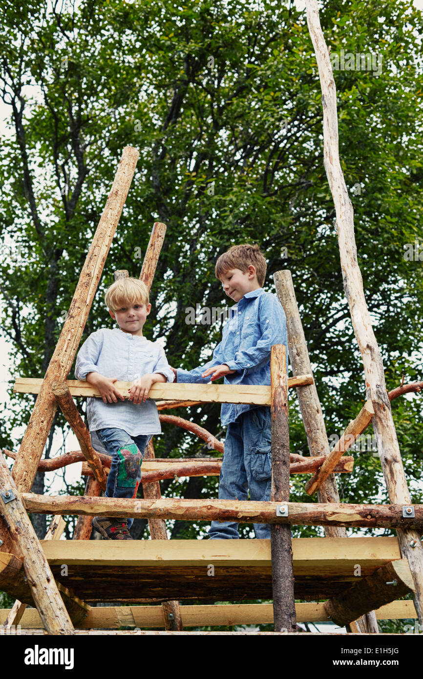 Two young brothers on top of tree house in forest Stock Photo