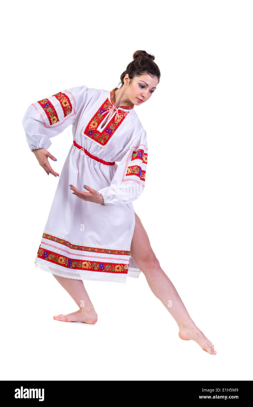 beautiful dancing girl in ukrainian polish national traditional costume clothes happy smile, full length portrait isolated Stock Photo