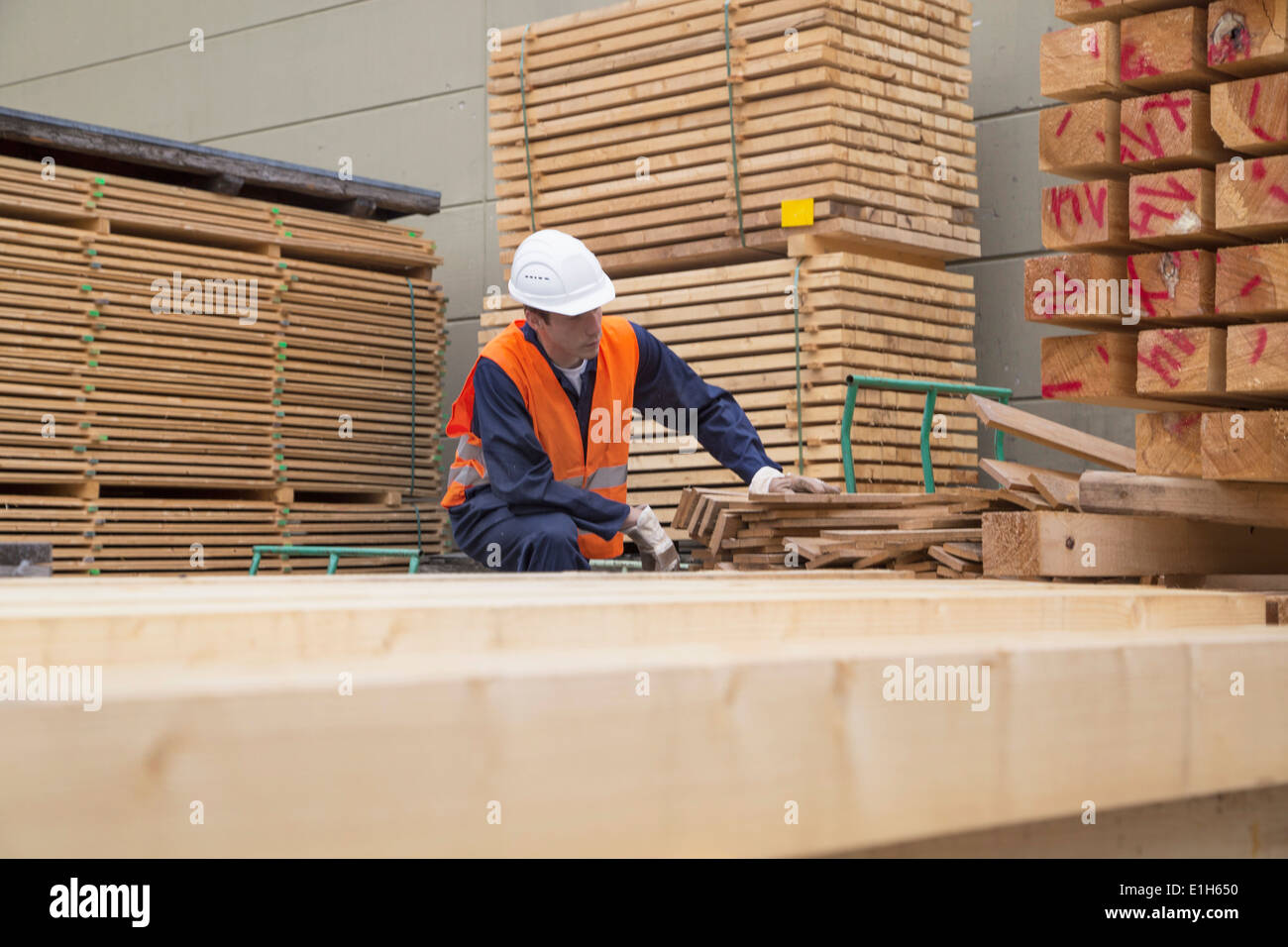 Woodworker sorting wooden planks in timber yard Stock Photo