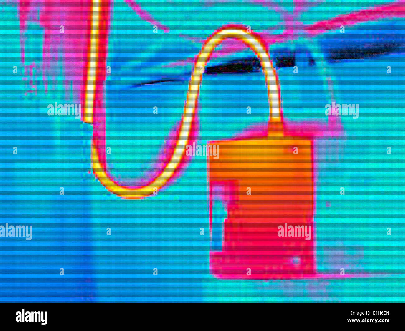 Infra red heat image of electricity supply cable and box Stock Photo