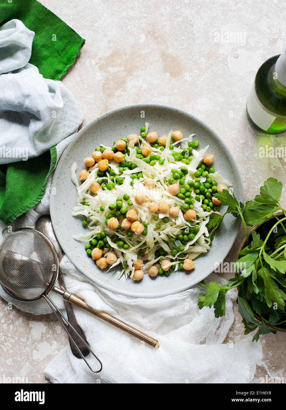 Still life of salad plate with white cabbage and peas Stock Photo