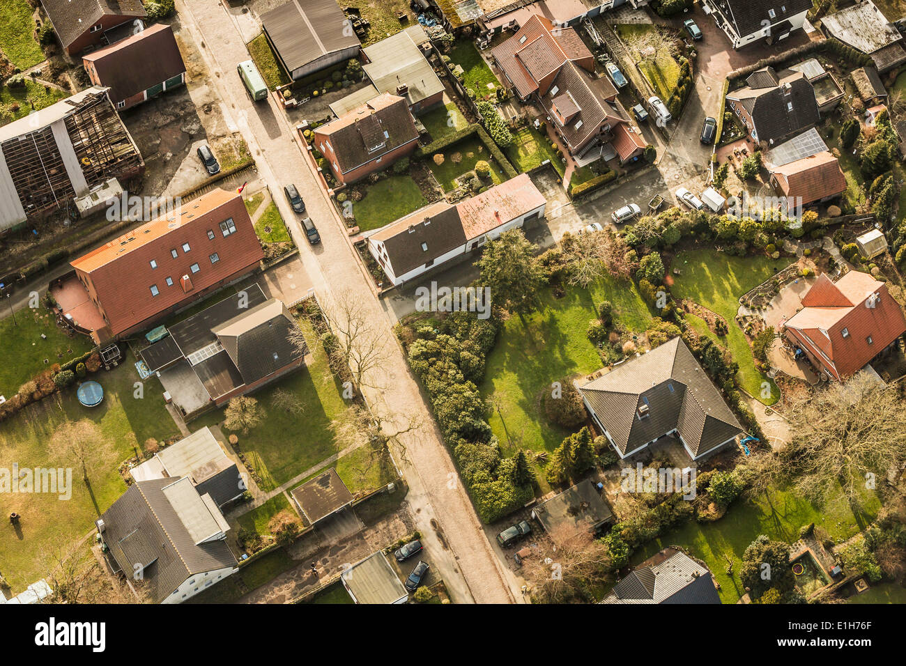 Close up aerial view houses and gardens, Bremerhaven, Bremen, Germany