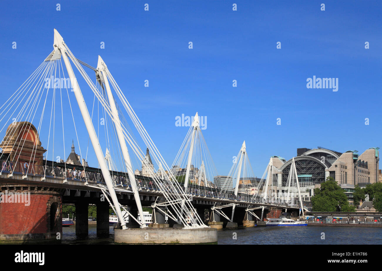 UK, England, London, Golden Jubilee Bridge, Charing Cross Station, Thames River, Stock Photo