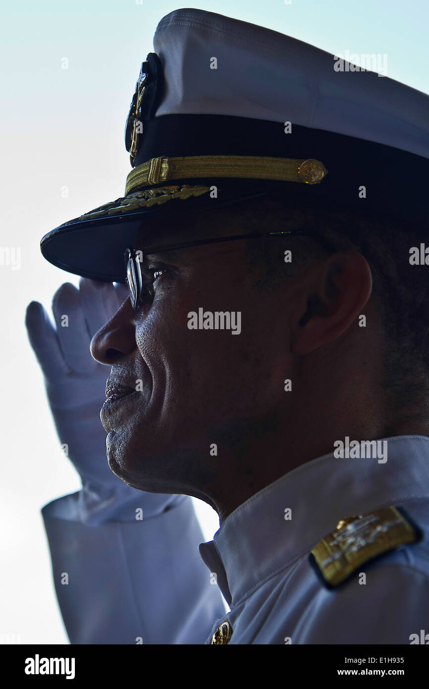 U.S. Navy Adm. Cecil D. Haney, incoming U.S. Pacific Fleet commander, salutes as he is welcomed aboard during the U.S. Pacific Stock Photo