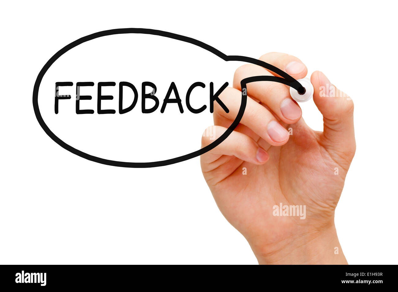 Hand drawing Feedback speech bubble concept with black marker. Stock Photo