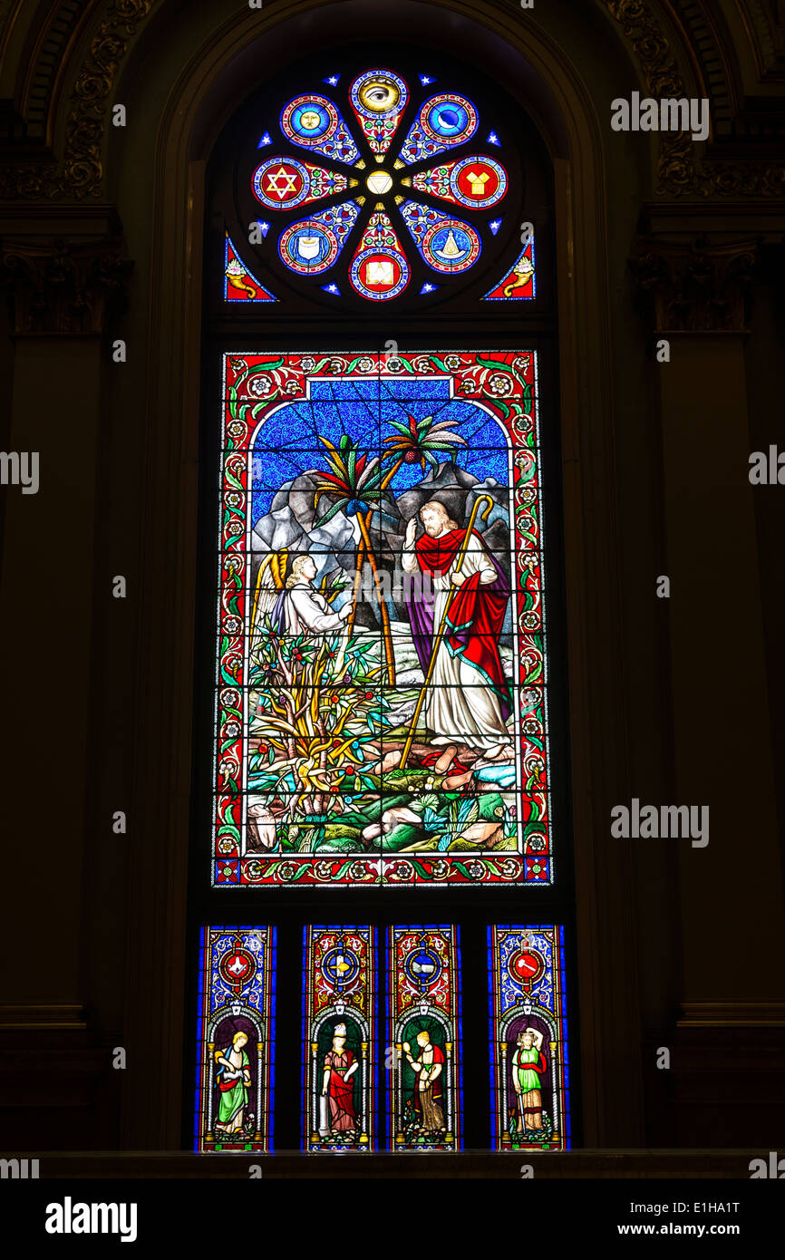 stained glass window, depicting Holy Ground, Grand Staircase, second floor, The Masonic Temple, Philadelphia, Pennsylvania, USA Stock Photo