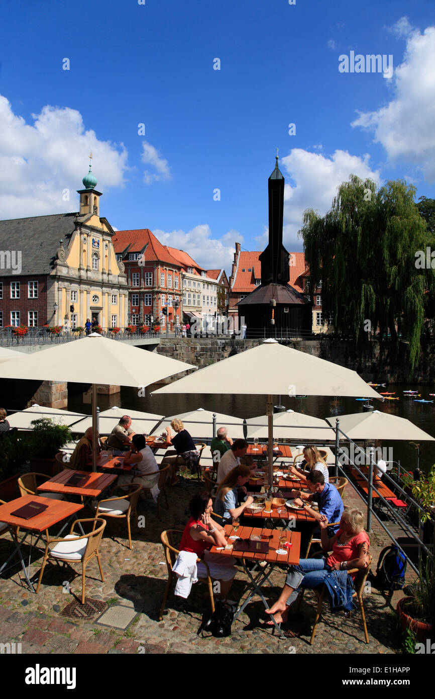 Restaurant and cafe at river Ilmenau in the old harbour at Stintmarkt,  Lueneburg, Lüneburg, Lower Saxony, Germany, Europe Stock Photo