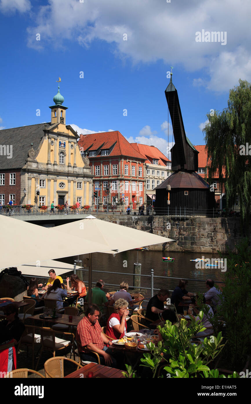 Restaurant and cafe at river Ilmenau in the old harbour at Stintmarkt,  Lueneburg, Lüneburg, Lower Saxony, Germany, Europe Stock Photo