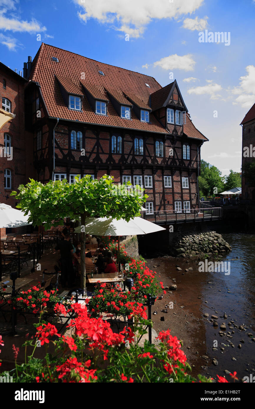 Restaurant Luener Muehle, Wasserviertel at river Ilmenau, Lueneburg, Lower Saxony, Germany, Europe Stock Photo