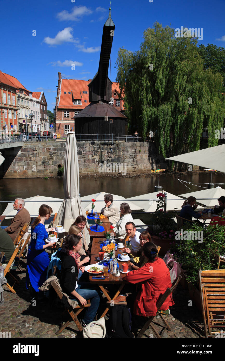 Restaurant and cafe at river Ilmenau in the old harbour at Stintmarkt,  Lueneburg,  Lüneburg, Lower Saxony, Germany, Europe Stock Photo