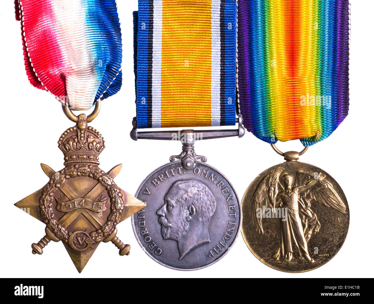 WWI campaign medal known as Pip Sqeak and Wilfred - 1914-1915 Star, The British War Medal and the Allied Victory Medal Stock Photo