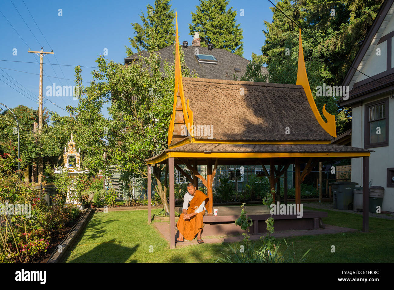 Monk at Yanviriya Buddhist Temple , East Vancouver, British Columbia, Canada Stock Photo