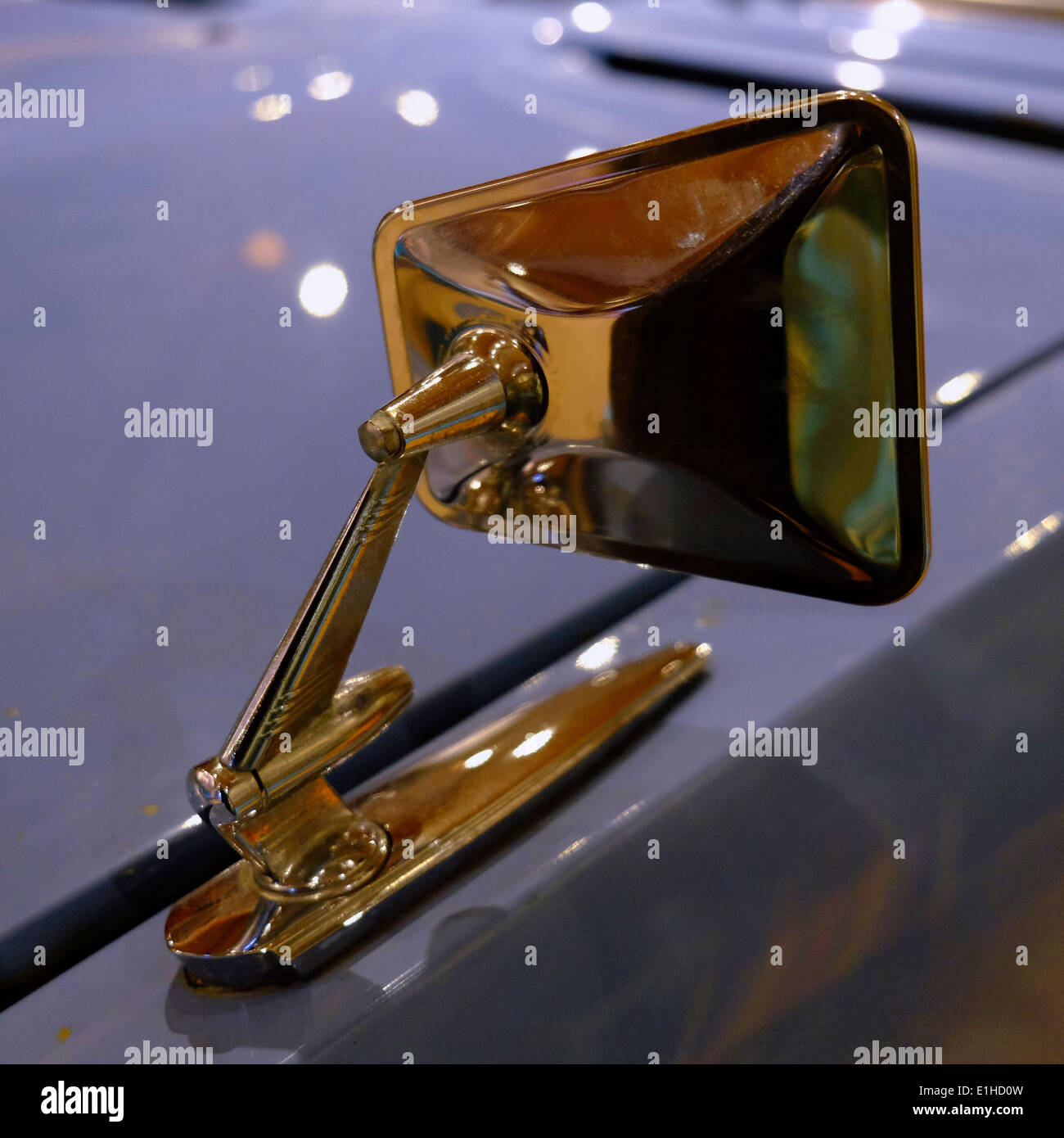 Chrome wing mirror on blue vauxhall classic car Stock Photo