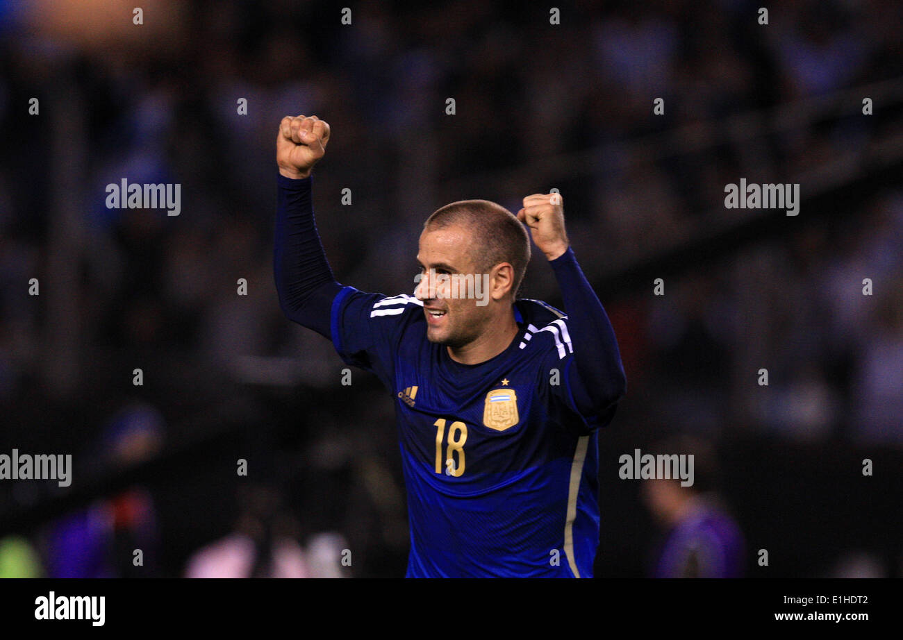 Buenos Aires, Argentina. 4th June, 2014. Argentina's Rodrigo Palacio celebrates after scoring, during a friendly match against Trinidad and Tobago, prior to the 2014 Brazil FIFA World Cup, held at the Monumental Stadium, in Buenos Aires, Argentina, on June 4, 2014. © Martin Zabala/Xinhua/Alamy Live News Stock Photo