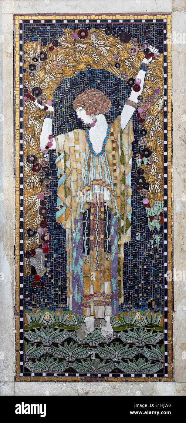 Woman holding a garland of corn, Art Nouveau mosaic at a bakery in the historic centre, Capo quarter, Palermo, Sicily, Italy Stock Photo