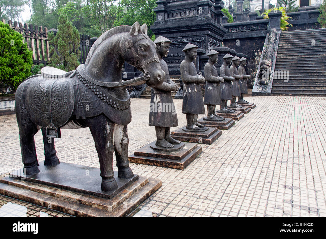 Horse statue and statues of Mandarin soldiers, tomb of Khai Dinh, Hue, Thua Thien Hue Province, Vietnam Stock Photo