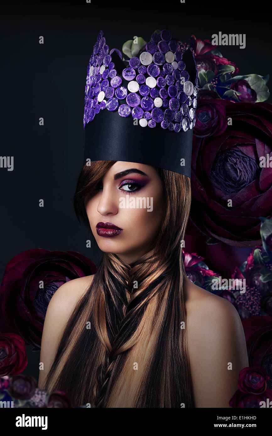 Fantasy. Fanciful Woman in Unusual Art Stylized Crown Stock Photo