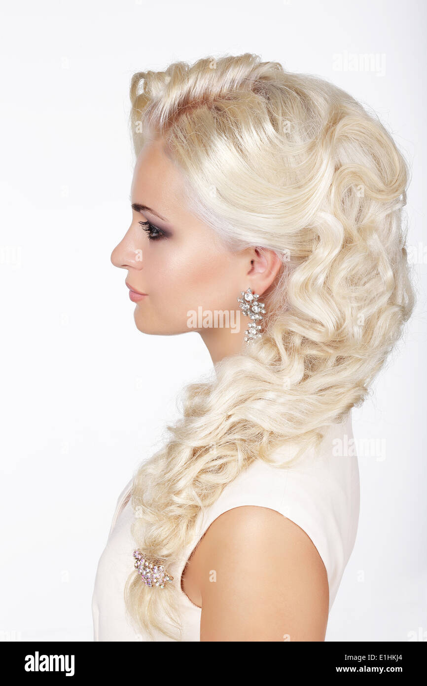 Sophistication. Profile of Fashionable Girl with Ashen Dyed Curly Hairs Stock Photo
