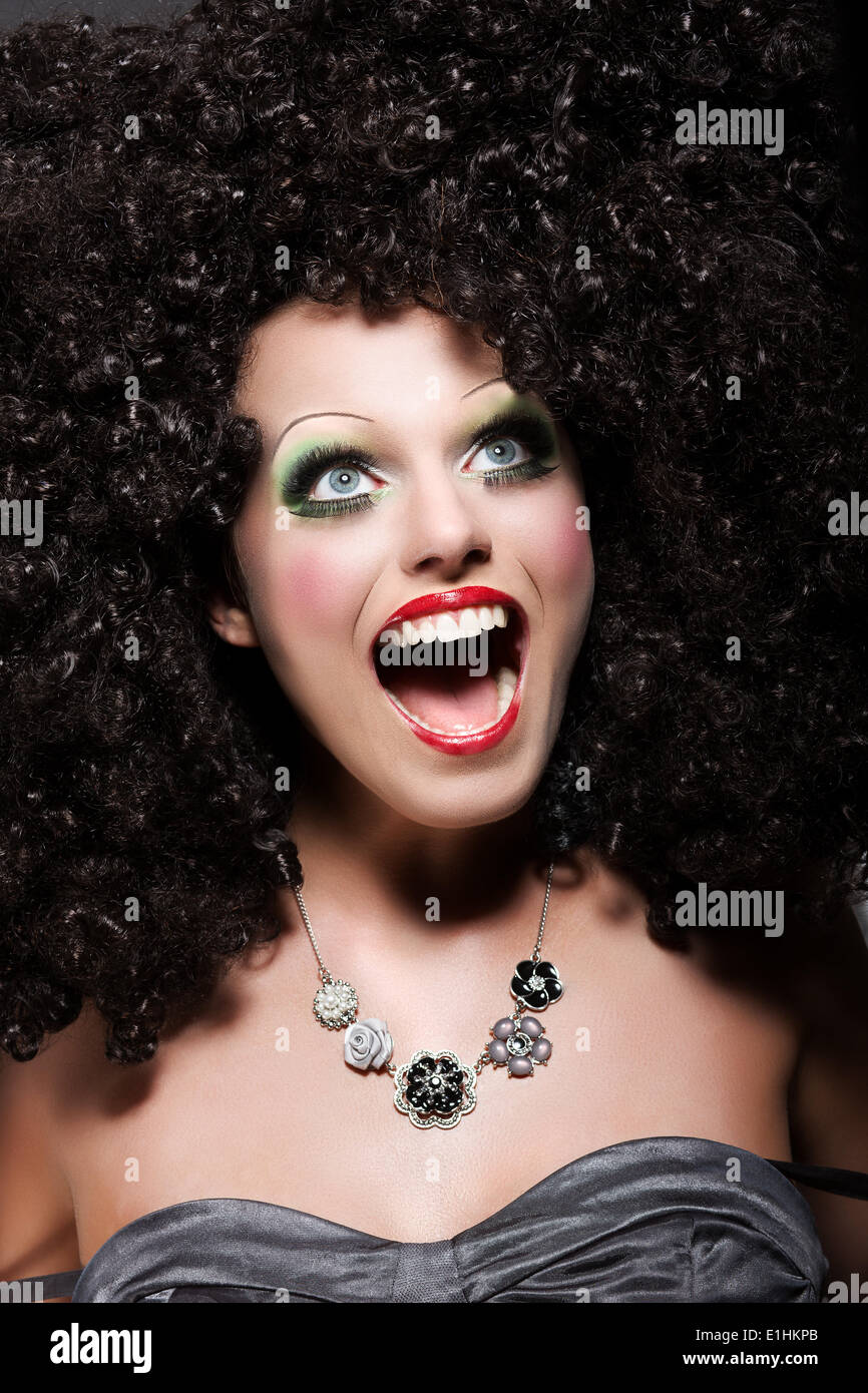 Pleasure. Humorous Delighted Funny Woman Laughing. Surprised Comical Face Stock Photo