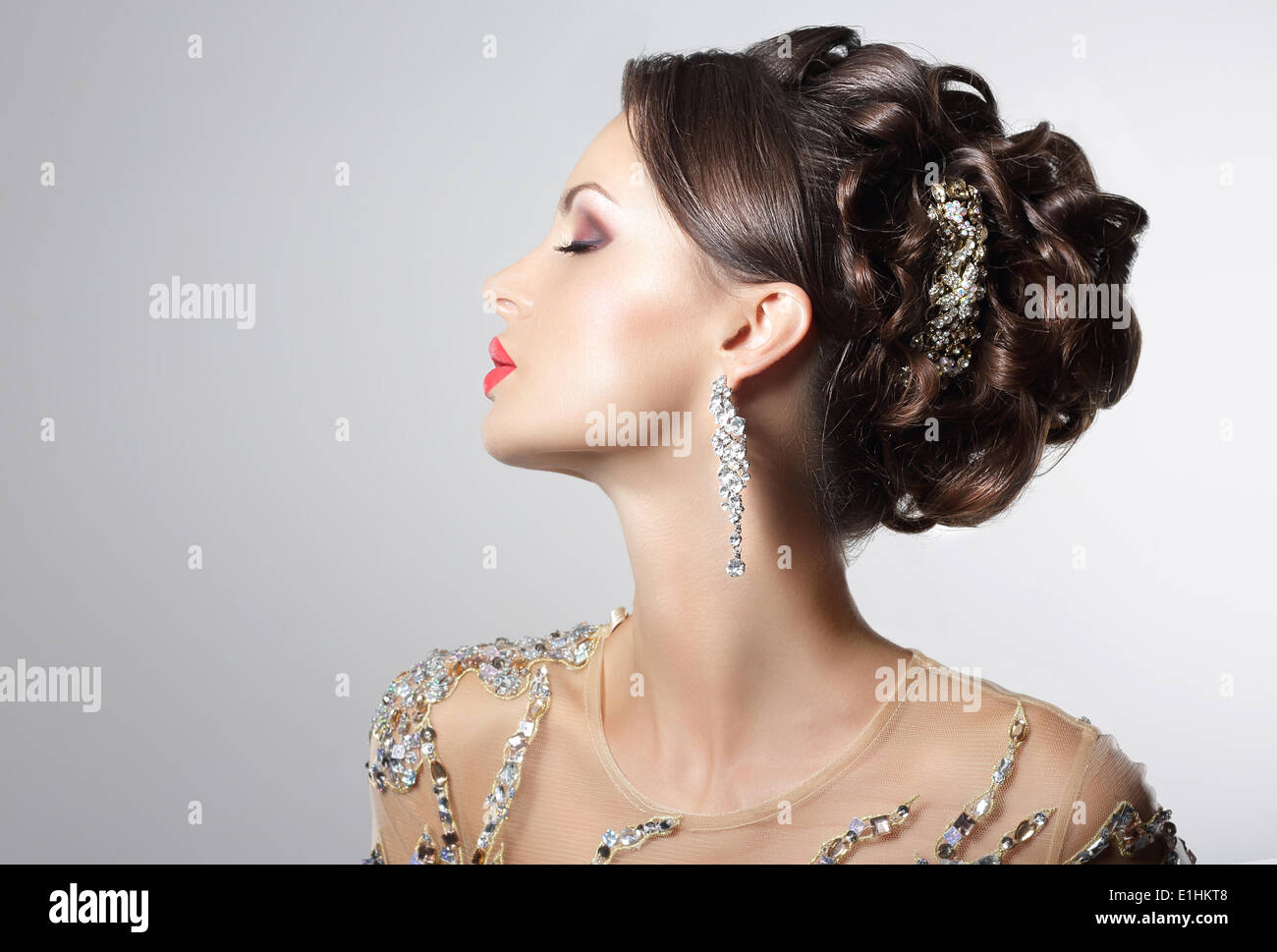 Fashionable Brunette with Costume Jewelry - Trendy Rhinestones and Strass Stock Photo