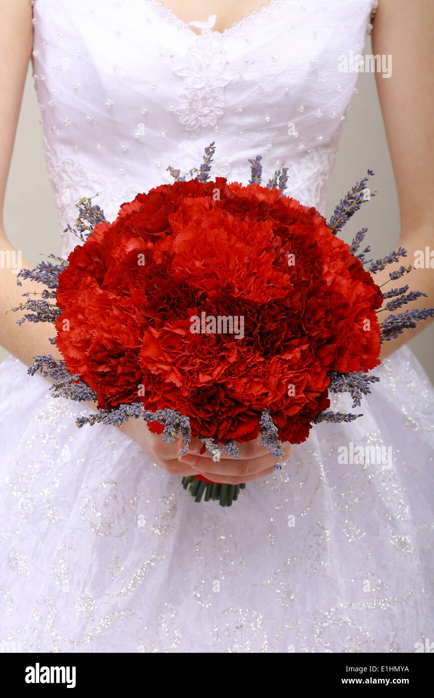 Donation. Compliment.Vernal Bouquet of Red Flowers in Woman's hands. Felicitation Stock Photo