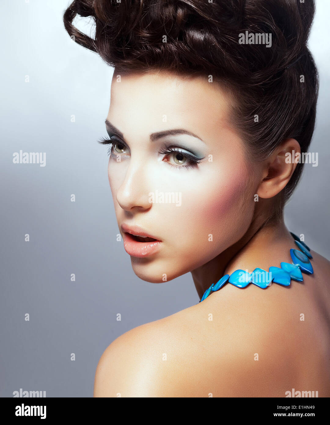 Complexion. Profile of Fascinating Delightful Brunette with Natural Makeup. Refinement Stock Photo