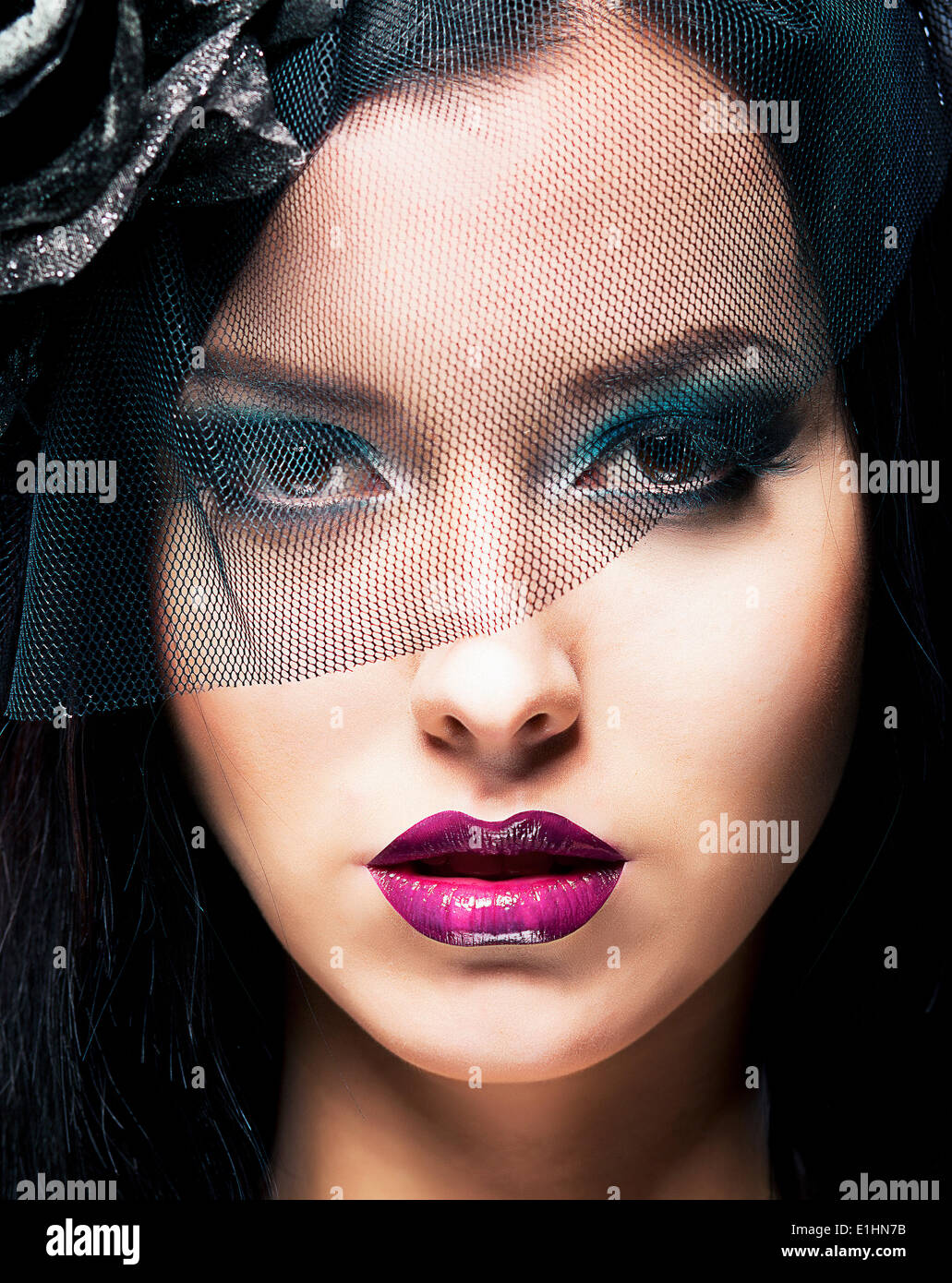 Romance. Portrait of Spectacular Styled Woman in Retro Black Veil Stock Photo