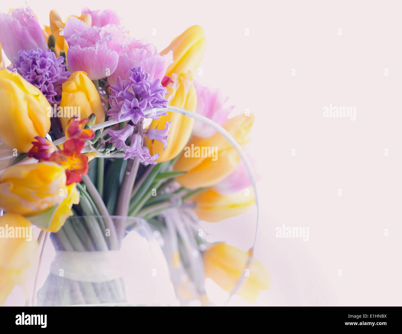 Greeting Card. Bouquet of Colorful Mixed Flowers - Tulips in a Vase. Floristics Stock Photo