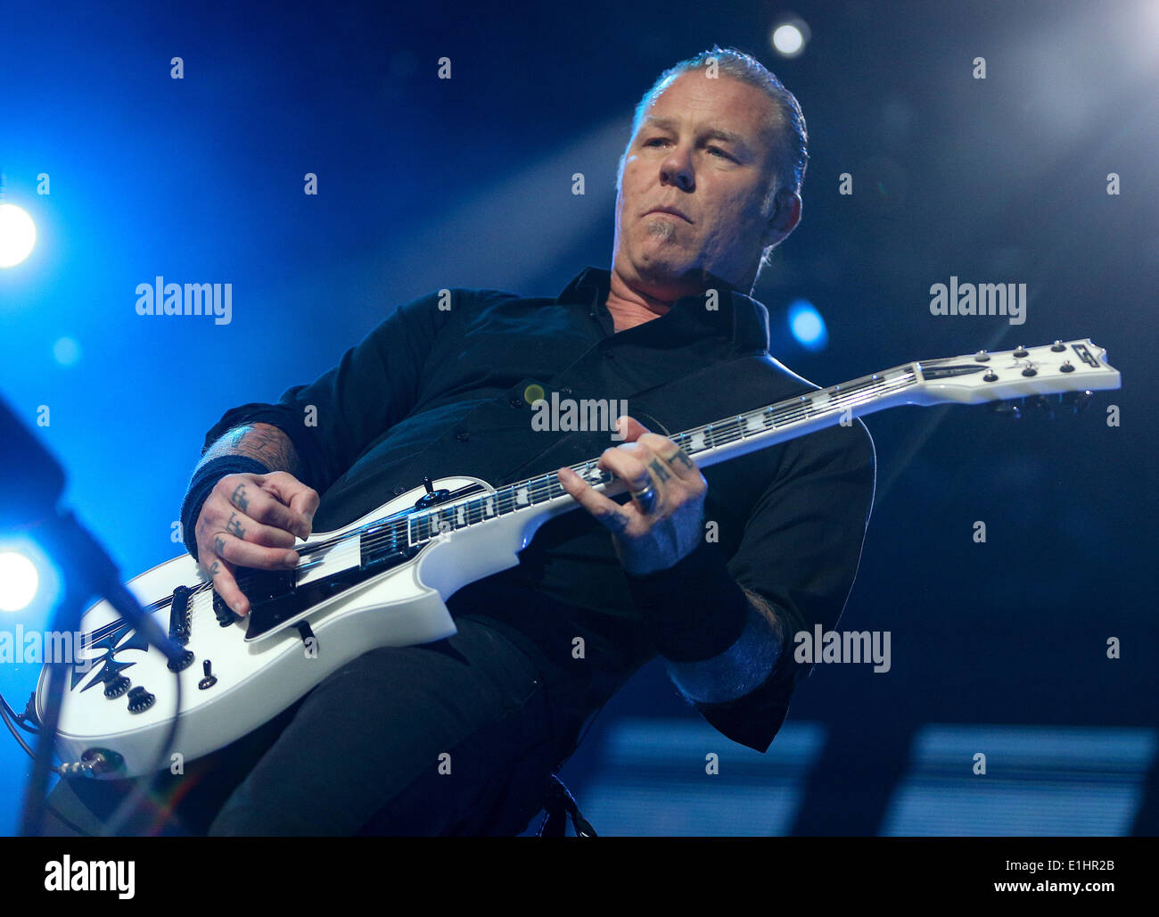 Hamburg, Germany. 04th June, 2014. James Hetfield performs with his band  Metallica at Imtech Arena in Hamburg, Germany, 04 June 2014. Metallica will  also perform at the festivals Rock am Ring (05-08