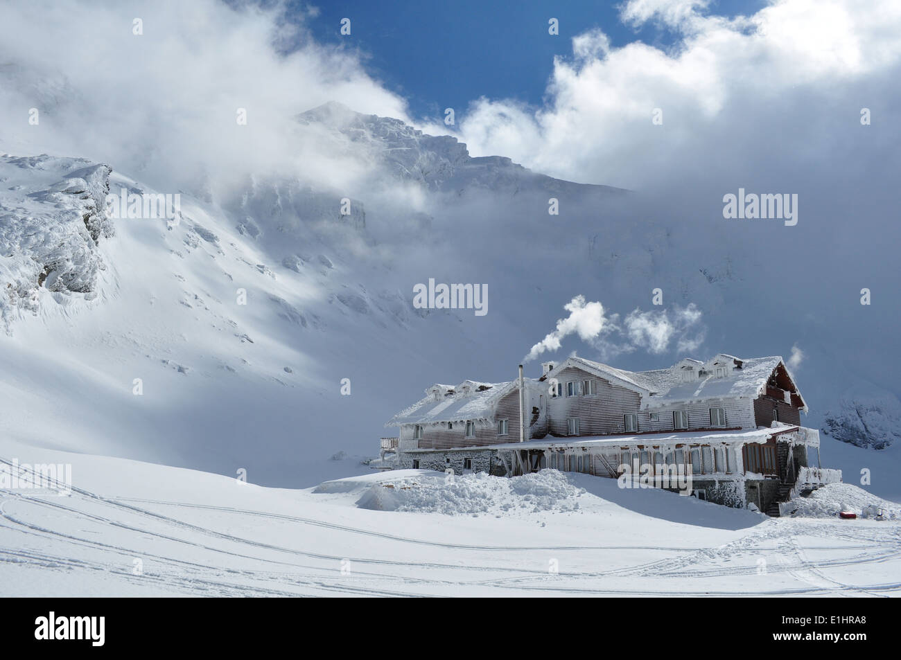 Cabin in winter, Balea Lake, Romania, Fagaras mountain Stock Photo