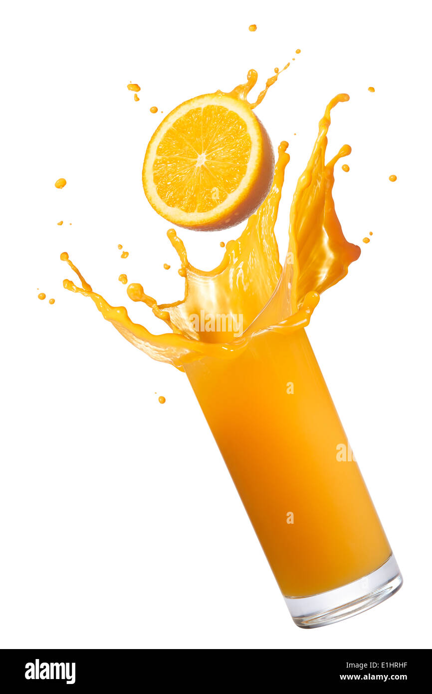 glass of splashing orange juice with its fruit Stock Photo Alamy