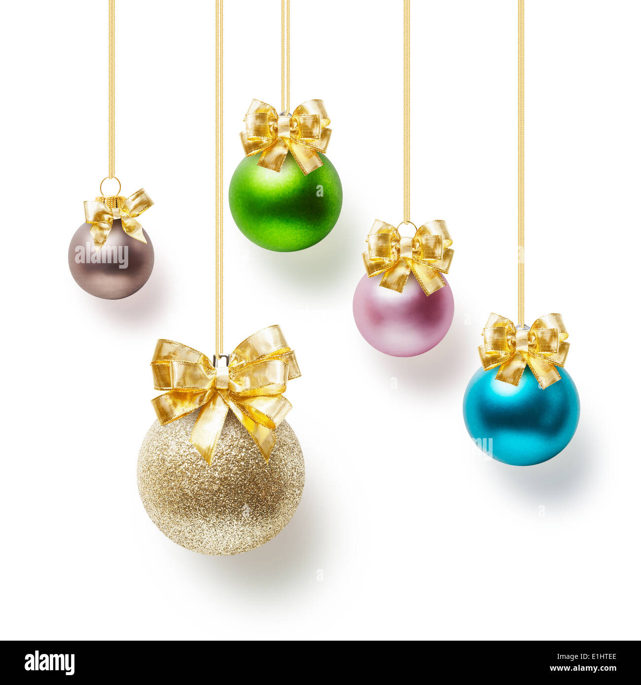 Christmas balls decorated with gold bow collection on white background ...