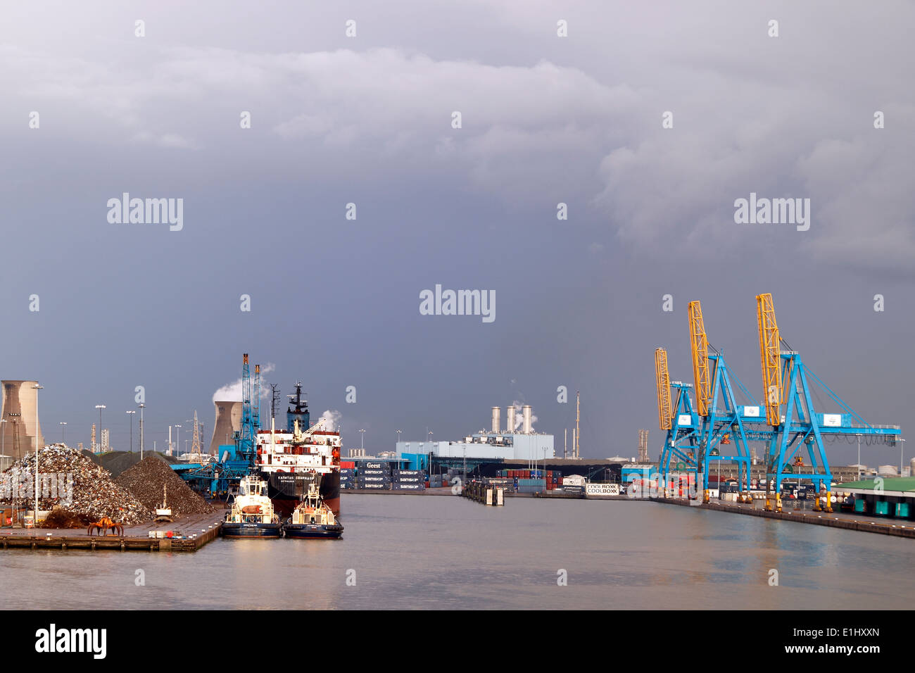 Container cranes, Hull Docks, taken from a North Sea ferry, East Yorkshire, England, UK Stock Photo