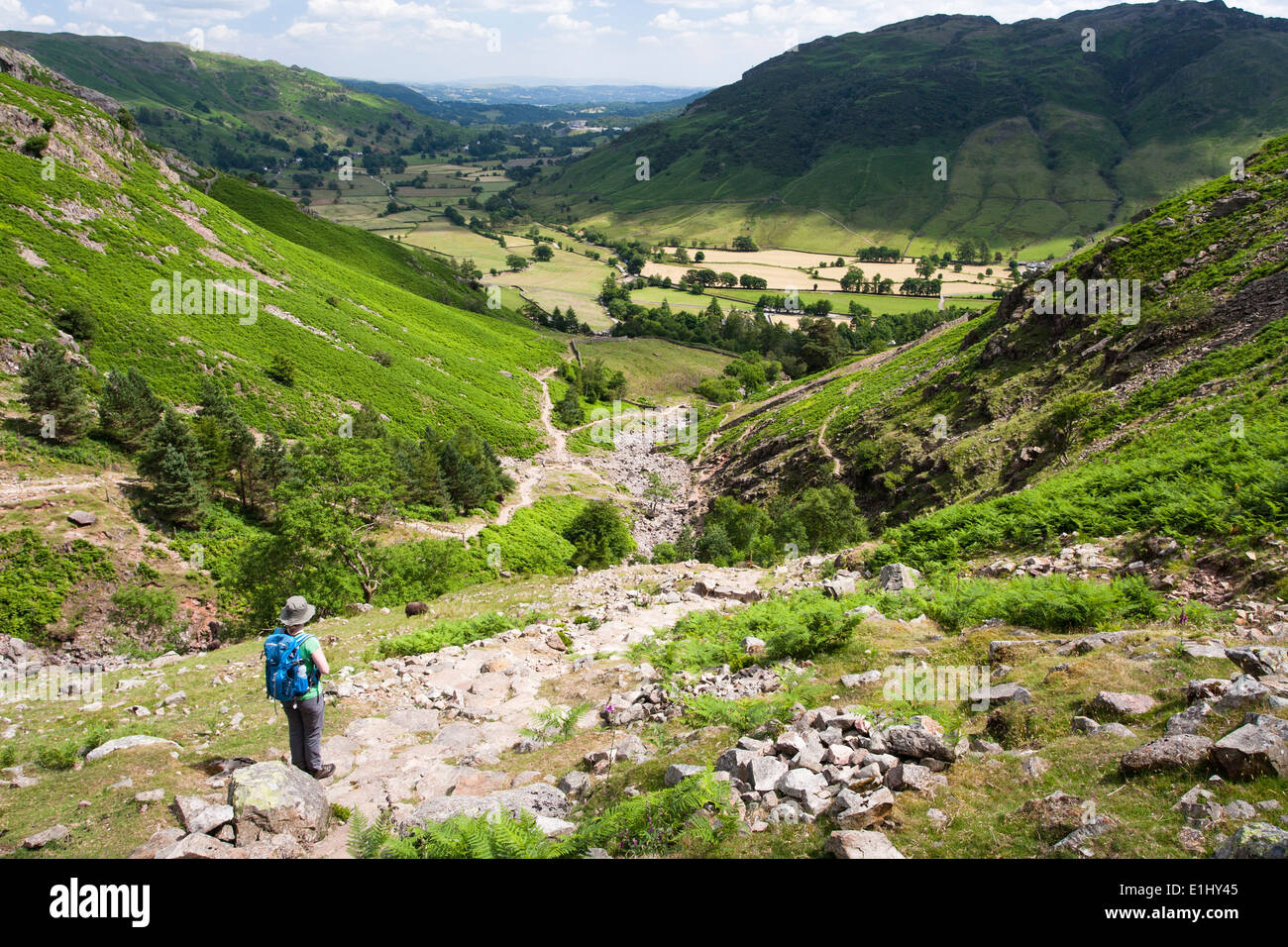 Young woman (30-35) out walking in the Lake District, looking east along Langdale Stock Photo