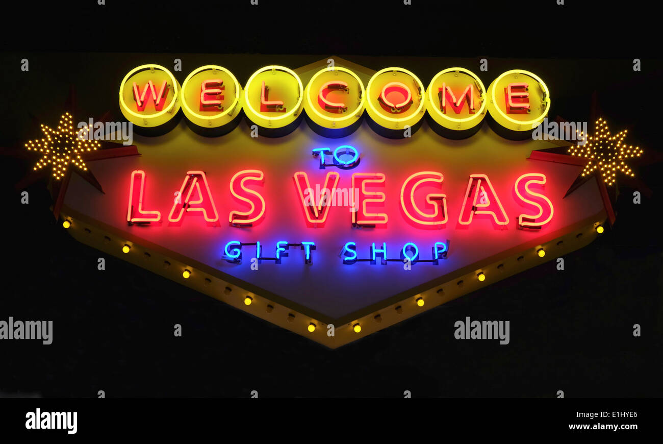 Welcome to Las Vegas neon shopping sign located inside hotels. Stock Photo
