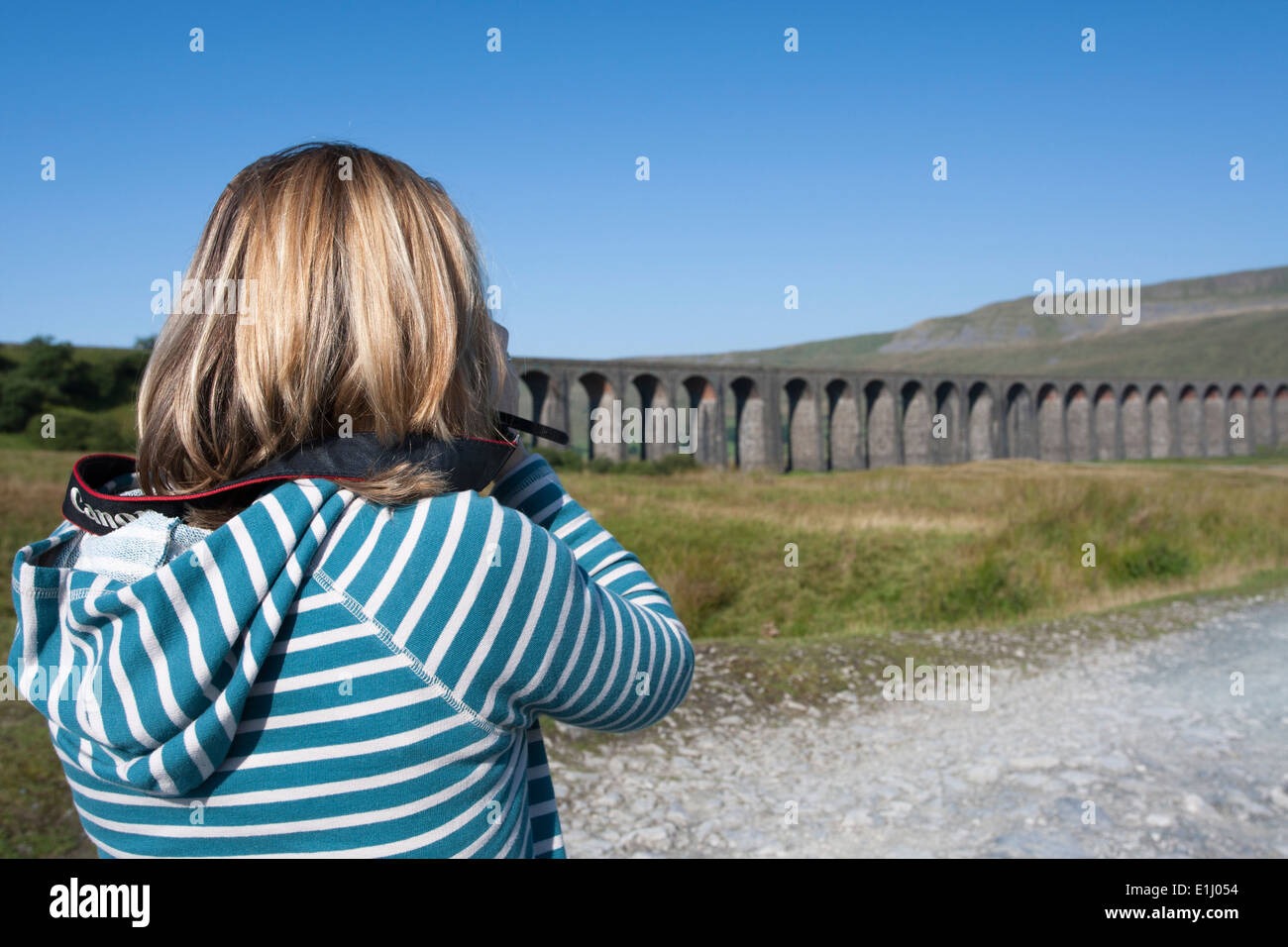Woman taking photo of Ribblehead Viaduct with Canon dSLR camera, Yorkshire Dales Stock Photo
