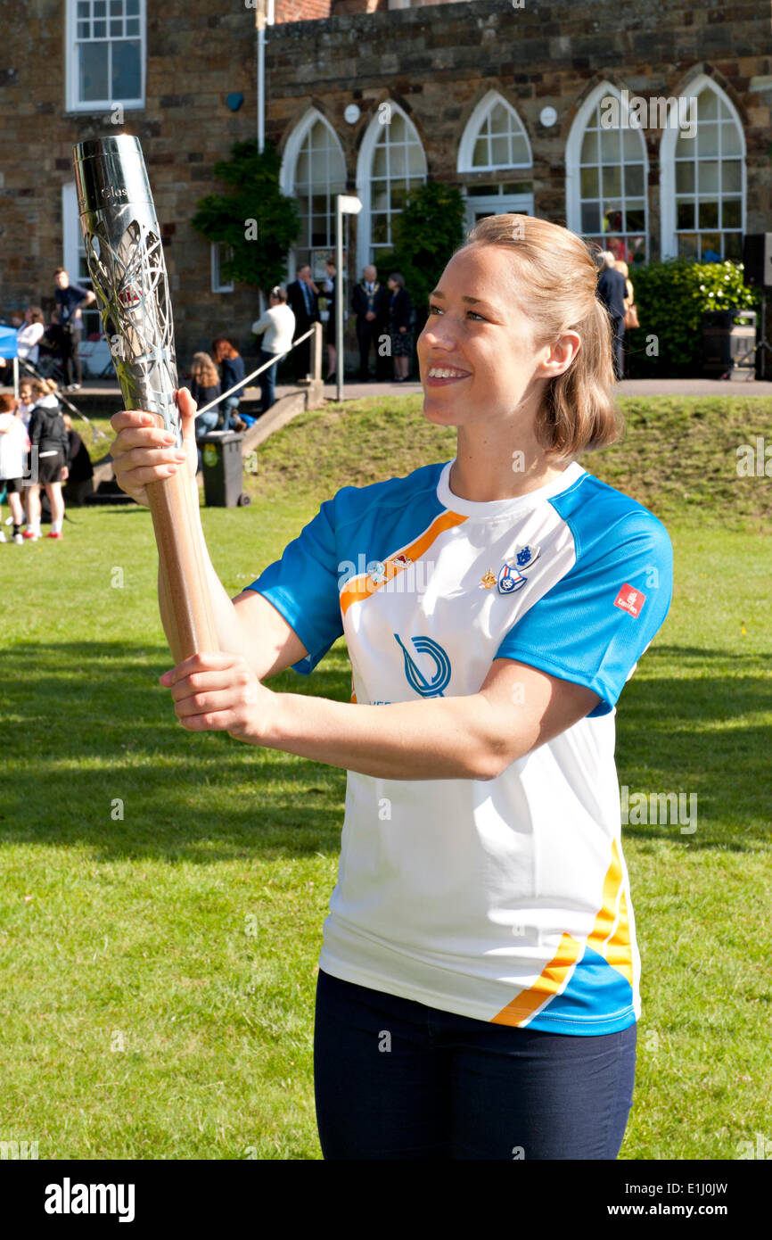 Tonbridge, Kent, UK. 5th June, 2014. . 05th June, 2014. Kent athlete and Winter Olympic Gold medal winner Lizzy Yarnold  holds the Commonwealth Games Queen's Baton after it's arrival at Tonbridge castle. The event was attended by children from local schools who participated in a variety of activities organised by Tonbridge and Malling Council. Credit:  patrick nairne/Alamy Live News Stock Photo