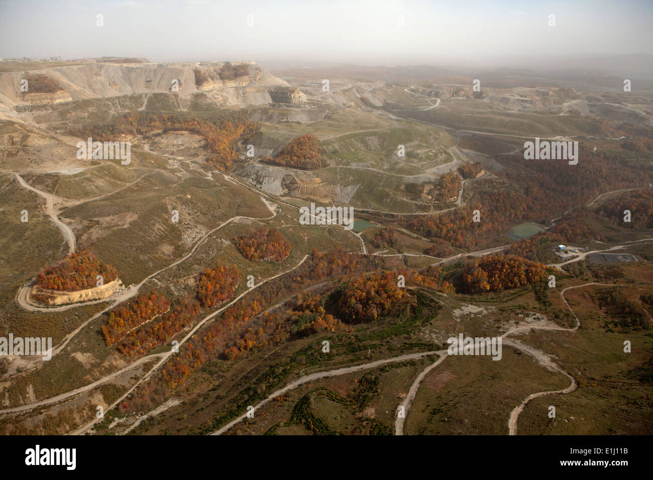 Land reclamation of coal mining mountaintop removal, Appalachia, Wise County, Virginia, USA, aerial view Stock Photo