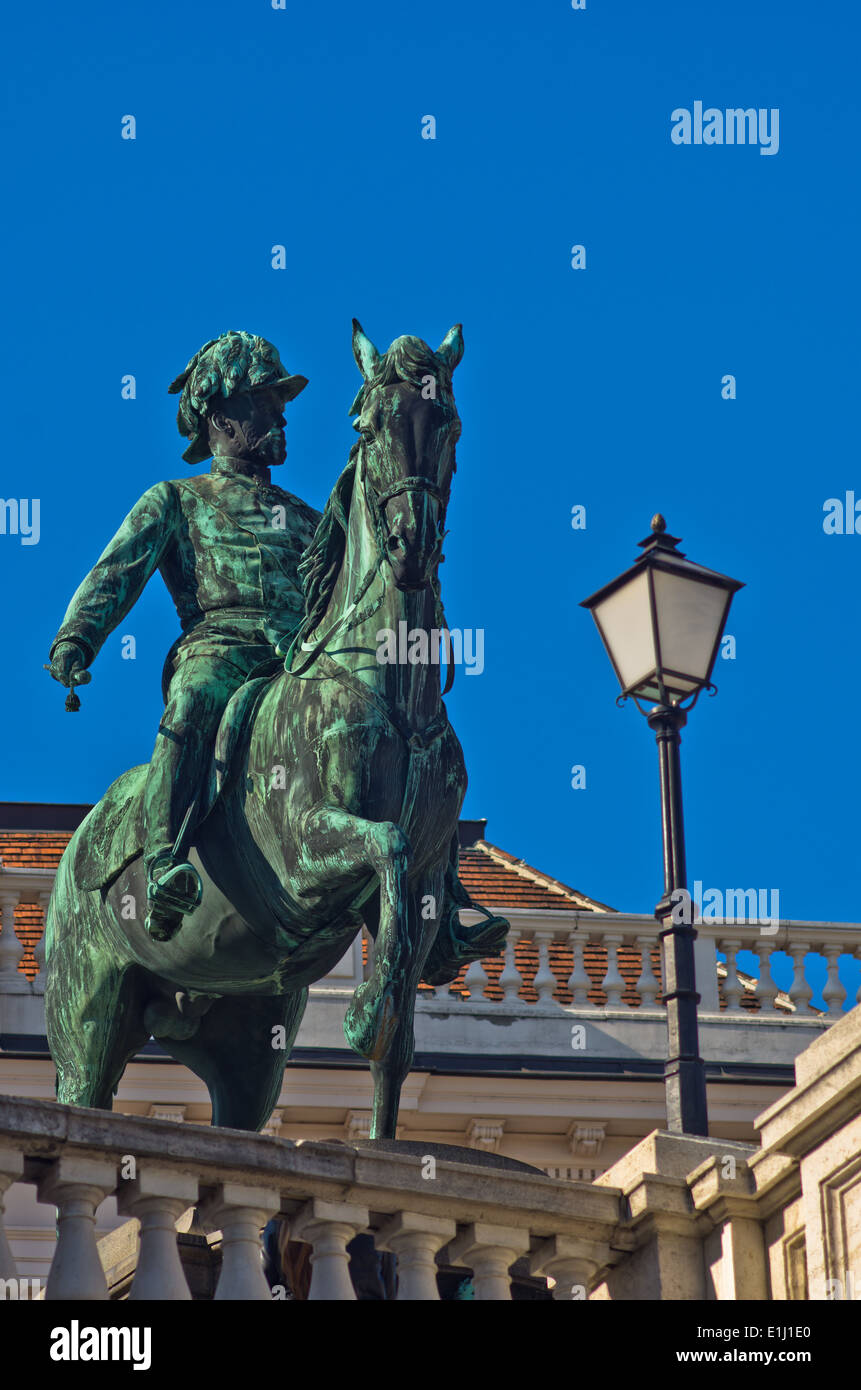 Statue of emperor Franz Joseph of Austria on a horse at downtown of
