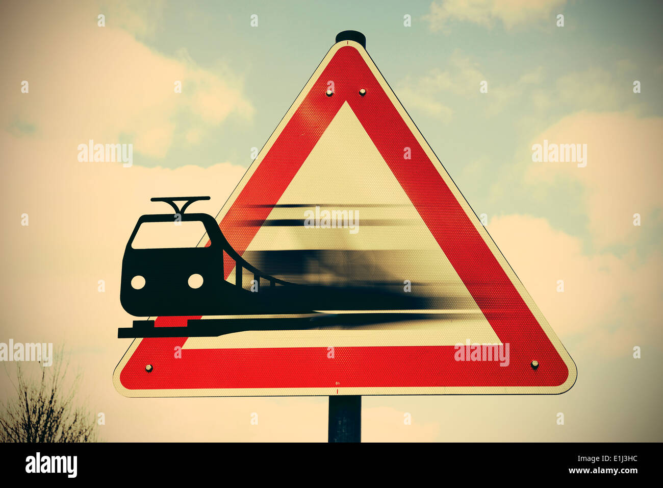 Moving train leaving sign, composite Stock Photo