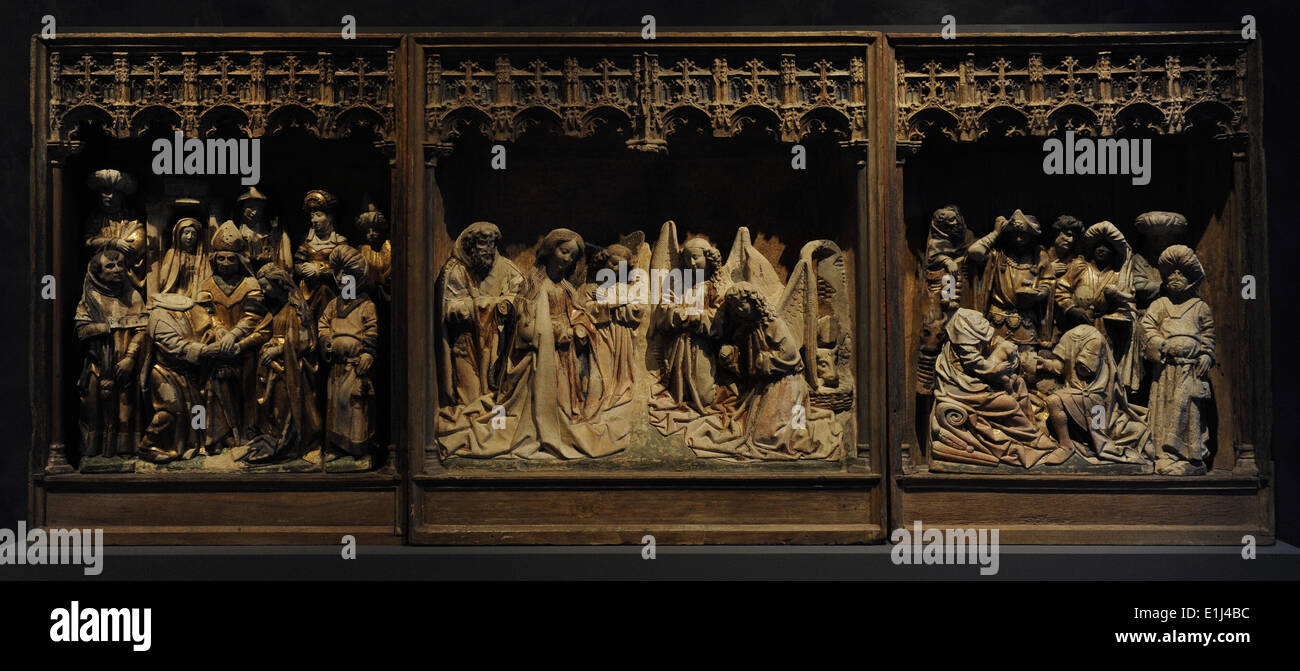 Altarpiece of Saint Lambert. Utrecht, 1470-1480. Clay. Nativity, Adoration of the Kings and Marriage of Mary and Joseph. Stock Photo