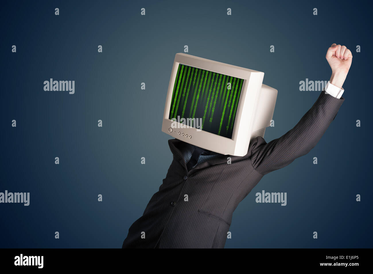 Cyber human with a monitor screen and computer code on the display ...