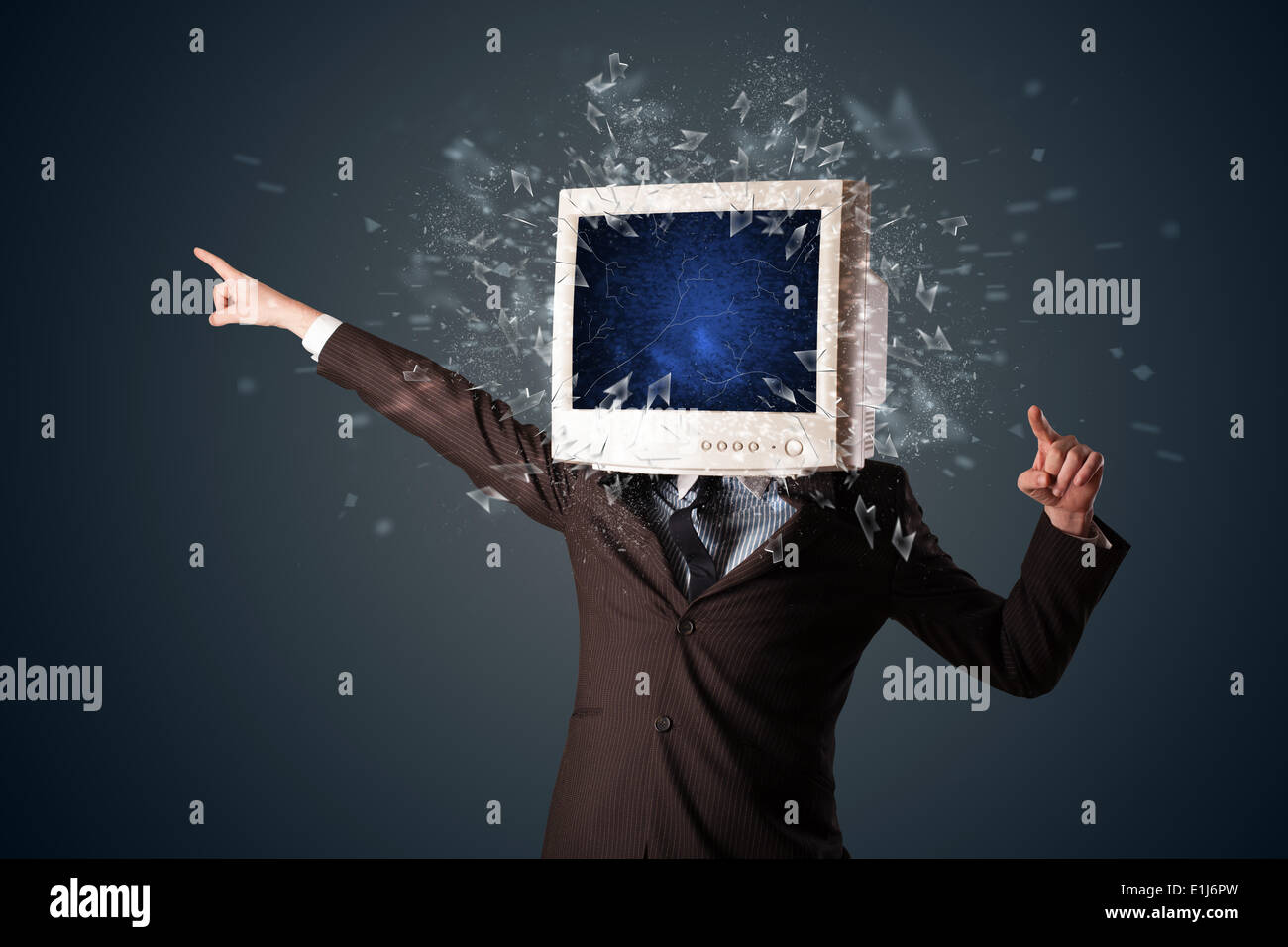 Computer monitor screen exploding on a young persons head Stock Photo ...