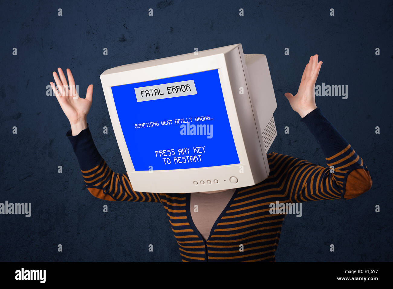 Person with a monitor head and fatal error blue screen on the display