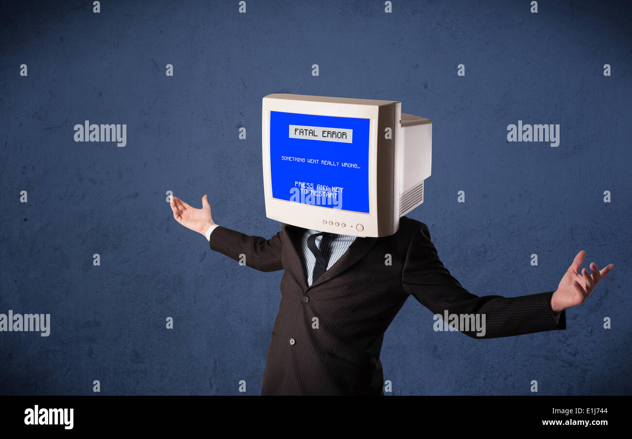 Person with a monitor head and fatal error blue screen on the display