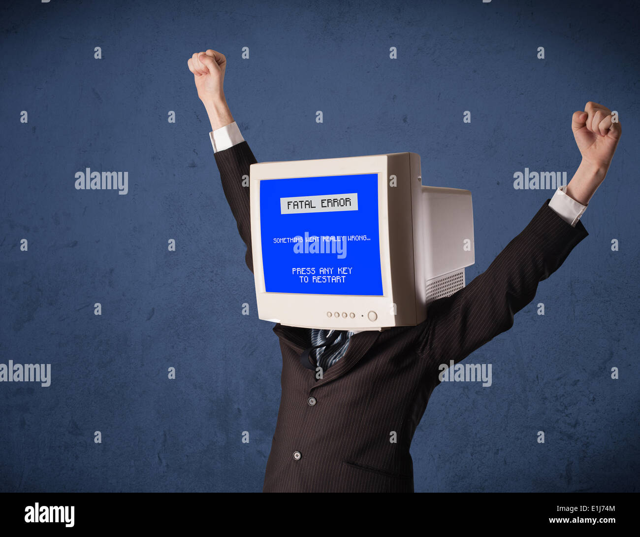 Person with a monitor head and fatal error blue screen on the display