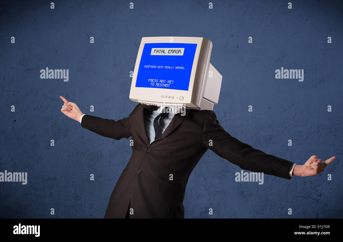 Person with a monitor head and fatal error blue screen on the display