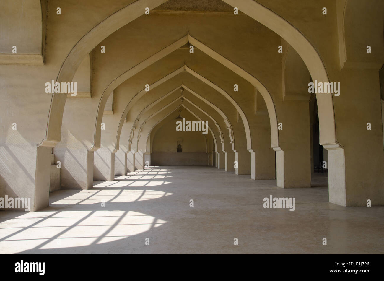 Long interior architectural view of Jama Masjid, Gulbarga, Karnataka, India Stock Photo