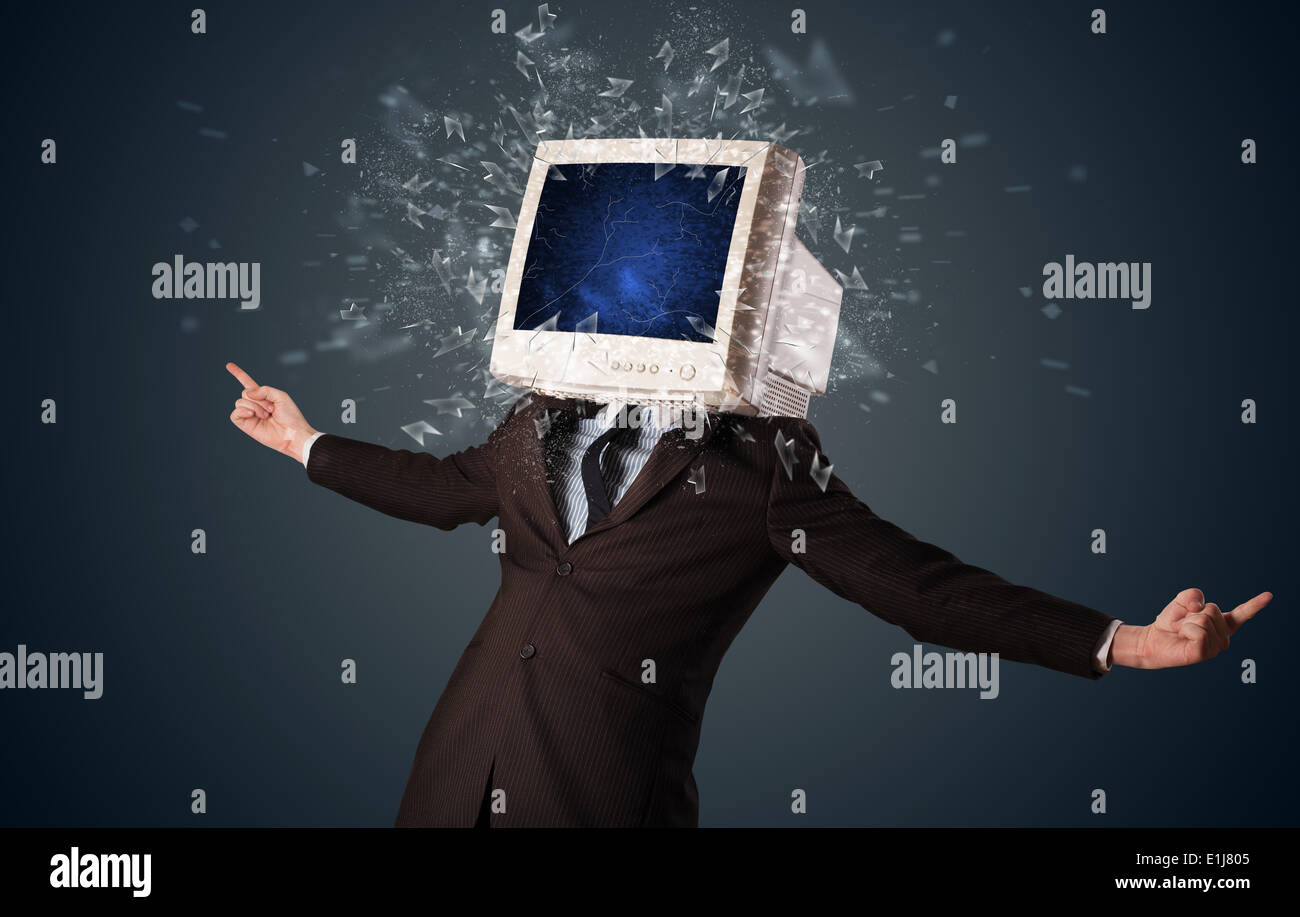 Computer monitor screen exploding on a young persons head Stock Photo ...