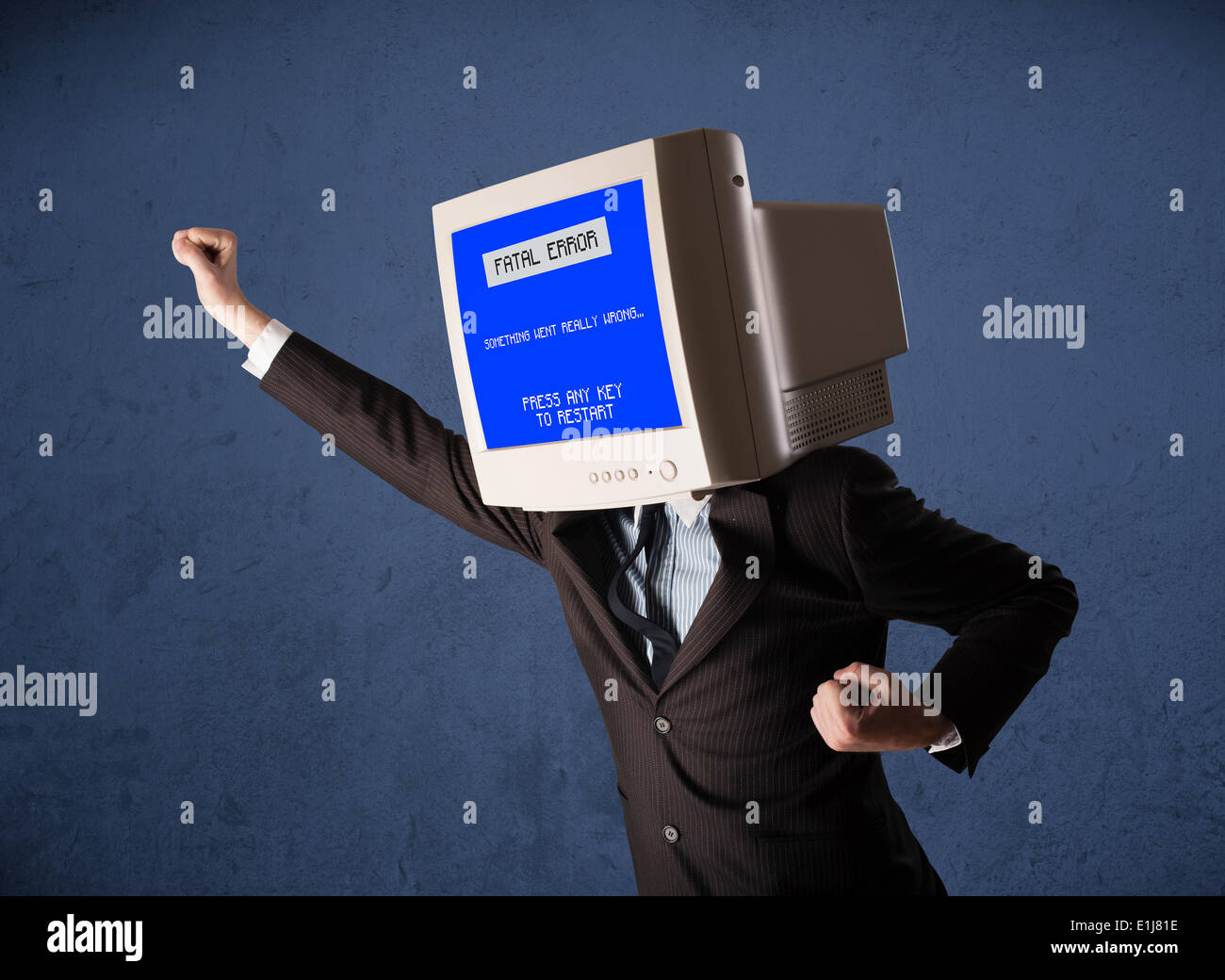 Person with a monitor head and fatal error blue screen on the display